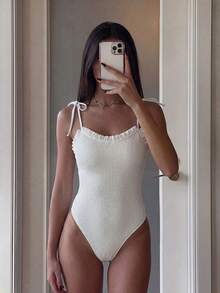 Swim Chiccia 黑色褶皱面料吊带荷叶边优雅女士连体泳衣 - 白色 - 查看 7
