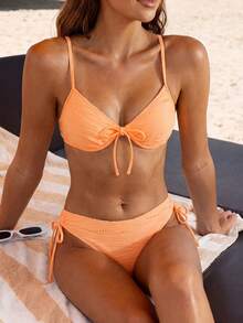 Swim Mod Set Bikini Dua Potong Wanita Motif Oranye Musim Semi/Panas 2026 dengan Kain Khusus, Tali Bahu Tipis, Kawat Penyangga, Push-Up, Pita, Lucu, Manis, untuk Liburan, Tali Serut Samping, Potongan Tinggi - Jeruk - View 3