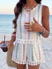 SHEIN Holidaya Women's Playful Summer Casual Tropical Boho Vacation Outfit, Vintage Geometric Pattern Sleeveless Cropped Tank Top With Patchwork White Lace, Shorts - White - View 1