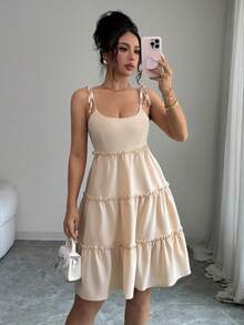 SHEIN Clasi Swiss Dot Frill Trim Cami Dress Wedding Brunch Vacation Beach Outfits Women White Summer Romantic Elegant - Apricot - View 7