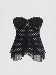Sweetra Plus Size Women's Spring/Summer Romantic Vacation Y2K Sexy Ruffle Polka Dot Crop Top With Double Layer Ruffles And Metal Buttons, Sheer Design Tube Top, Vacation Versatile, College Style, Office, Back To School Holiday, Spring/Summer , All Season Wear - Multicolor - View 2