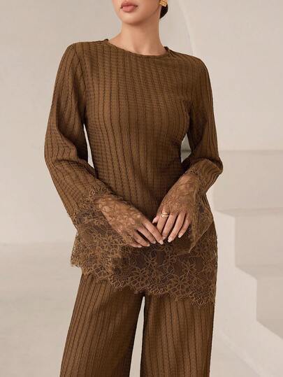 Graceveil 2pcs Elegant Textured Fabric Contrast Lace Long Sleeve Top And Pants Set, Adjustable Waist, Suitable For Women's Daily All Occasions, Autumn New Arrival