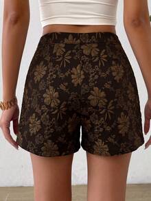 SHEIN Unity Celana Pendek Wanita Kancing Jacquard Kasual Serbaguna untuk Pemakaian Sehari-hari - Coffee Brown - View 2