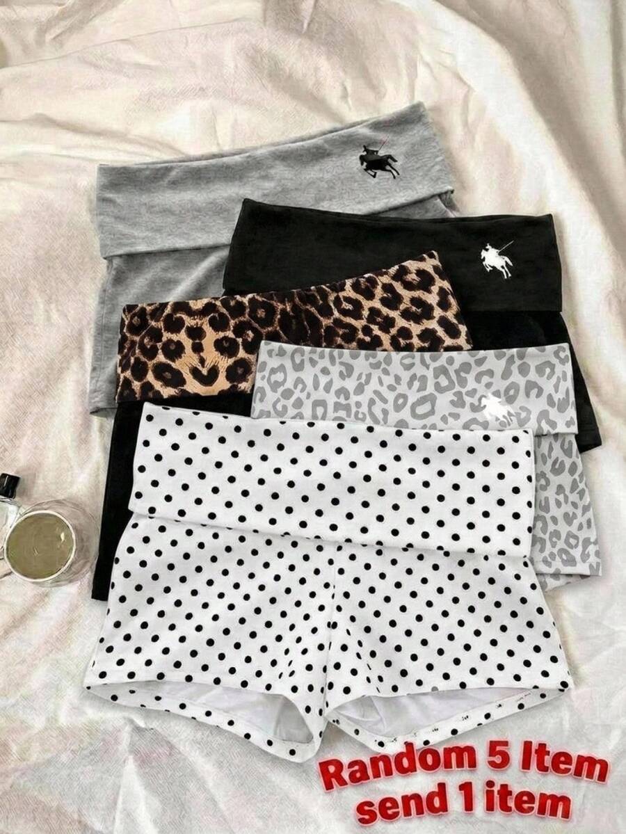 SHEIN Tween女孩豹紋拼接百褶休閒百搭日常穿著短褲 - 卡其色 - 查看 1