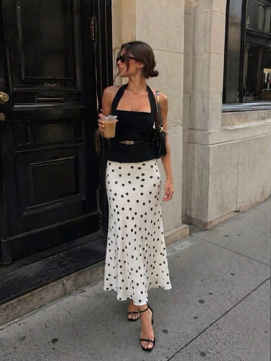Anewsta Saia Midi Feminina com Estampa Elegante de Bolinhas, Primavera/Verão - Branco - Visão 1