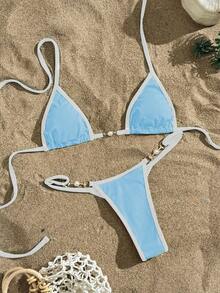 Swim Vcay Summer Beach Contrast Binding Halter Triangle Bikini Set - Baby Blue - View 4