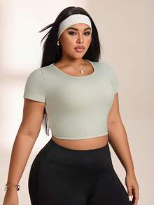 SHEIN Rhythm Era Women's Plus Size Solid Color Backless Cropped Sports T-Shirt - Baby Pink - View 5
