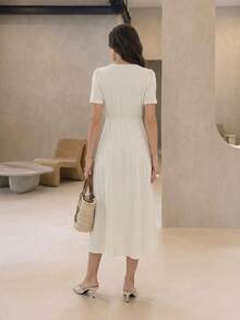 Mulvari Women's V-Neck Elegant Fashion Beige Vacation Style Mid-Length Dress - Beige - View 3