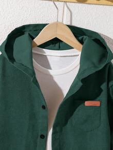SHEIN Tween Boys' Casual Corduroy Patch Hooded Loose Woven Shirt - Dark Green - View 4