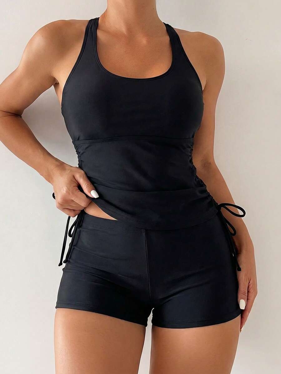 Swim Lushoire 2026 Women's Vacation Season 2-Piece Tankini + Women's Beachwear + Women's Tankini + Pool Party + Spring/Summer + Sexy Vacation Mature Fashion Vintage Romantic Elegant + Black Nylon + Women's Vacation Outfit + Women's Vacation Outfit - Black - View 1