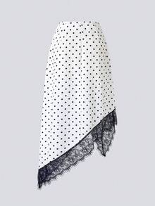 SHEIN PariChic 女款波點印花蕾絲拼接不對稱下擺裙 - 白色 - 查看 2