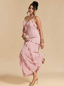 SHEIN BAE CURVE 大尺碼女款素色時尚荷葉邊肩帶洋裝 - 粉色 - 查看 1