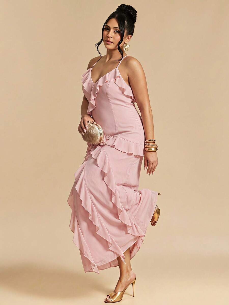 SHEIN BAE CURVE 大尺碼女款素色時尚荷葉邊肩帶洋裝 - 粉色 - 查看 1
