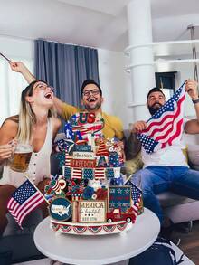 25-Piece Independence Day Tiered Tray Decor Set | Wooden Patriotic Ornaments | Vintage American Flag | Red White & Blue Stars | Farmhouse Style Decor | Ideal For Memorial Day, 250th Anniversary Celebrations And Family Birthday Parties - Wooden Freestanding Sun Ornament - View 5