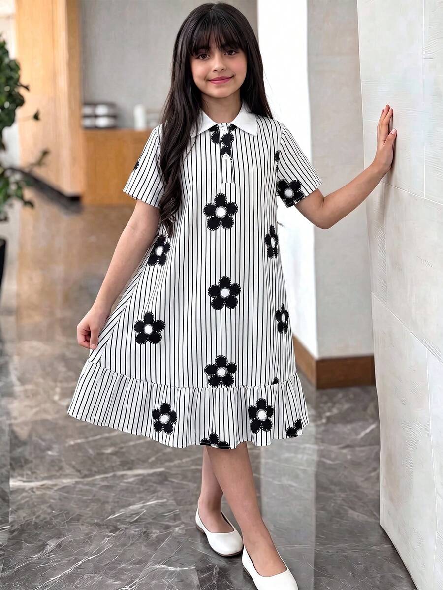 SHEIN Vestido tipo smock para niña preadolescente con estampado de rayas y flores y bajo con volantes - Blanco y Negro - Ver 1