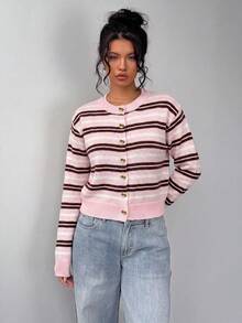 SHEIN BASICS 女款休閒條紋開襟衫，秋冬款 - 彩色 - 查看 4