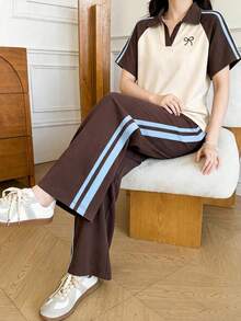 2件組女孩套裝（大號）休閒運動風 POLO領棕色短袖寬鬆上衣 + 寬腿長褲運動褲 粉色上衣棕色褲子 - 彩色 - 查看 5