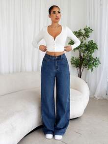 SHEIN PETITE 女款冬季保暖內裡直筒牛仔褲 秋冬休閒正式 Y2K 商務鄉村風可愛牛仔女郎復古返校風 - 藍色 - 查看 6