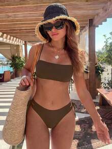 Swim Vcay Women Plain Brown Short Spaghetti Strap Bikini Set With Tie Side Knot Details - Brown - View 7