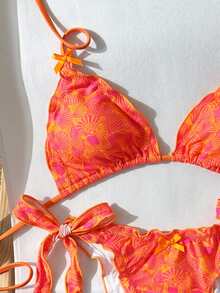 SHEIN Swim 女款兩件式比基尼泳衣 海灘度假裝 夏季熱帶性感側綁腰提臀 紅白條紋 紅橘色 - 橘色 - 查看 4