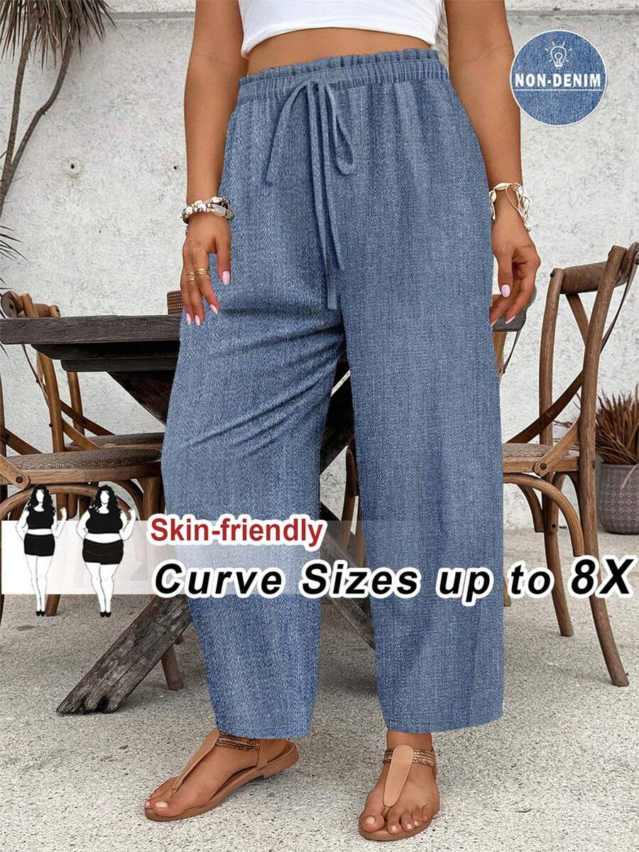 SHEIN CURVE+ 大尺碼女款休閒牛仔風長褲套裝，夏季寬鬆大腿褲，高腰設計 - 彩色 - 查看 1