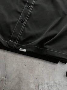 AXEPEAK 男士純色單排扣胸前口袋長袖襯衫與鬆緊腰休閒寬鬆長褲套裝 - 黑色 - 查看 8