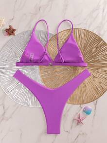 Oceva Bikini de triángulo con corte alto para playa en verano - Morado - Ver 2