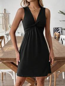 Breezaya Plus Size Solid Black Sleeveless Deep V Neck Twist Front Empire Waist Flared Short Dress Women Summer Casual Vacation Sundress - Black - View 5