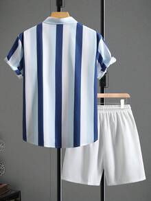 Manfinity Homme 男士條紋拼色襯衫短褲套裝 夏季套裝 白色 青少年男孩套裝 男裝夏季 - 彩色 - 查看 2