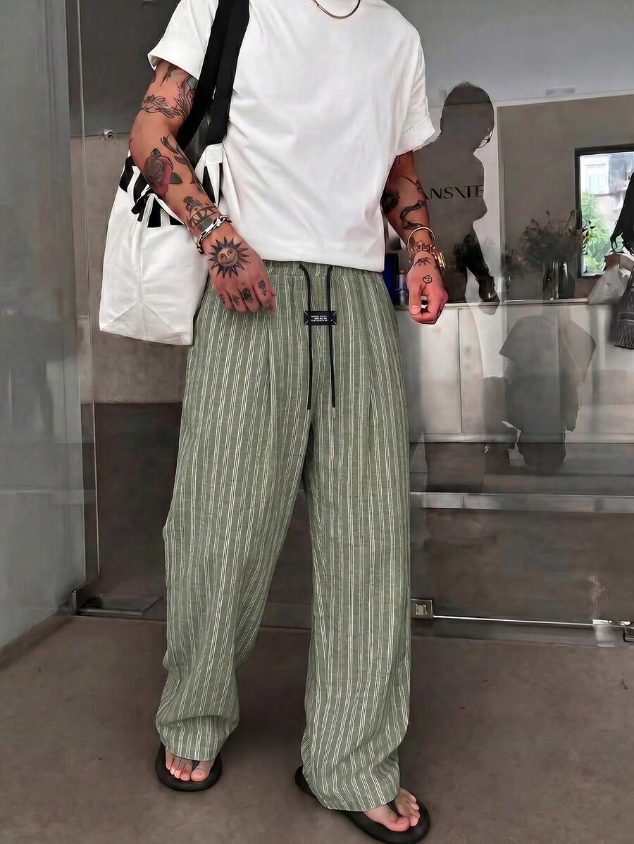 STEELVANCE 男士休閒寬鬆條紋長褲 - 綠色 - 查看 1