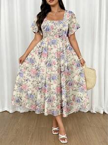 Ceyna Plus Size Women Square Neck Pleated Ditsy Floral Dress Maxi Women Outfit - Yellow - View 6