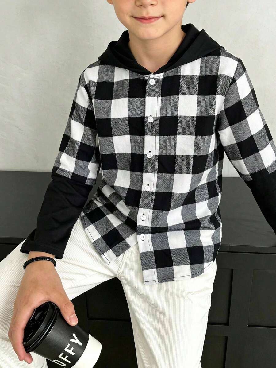 SHEIN 兒童青少年男孩休閒日常舒適學院風格紋翻領寬鬆長袖梭織2合1鈕扣襯衫，適合四季、戶外玩耍、街頭風、派對