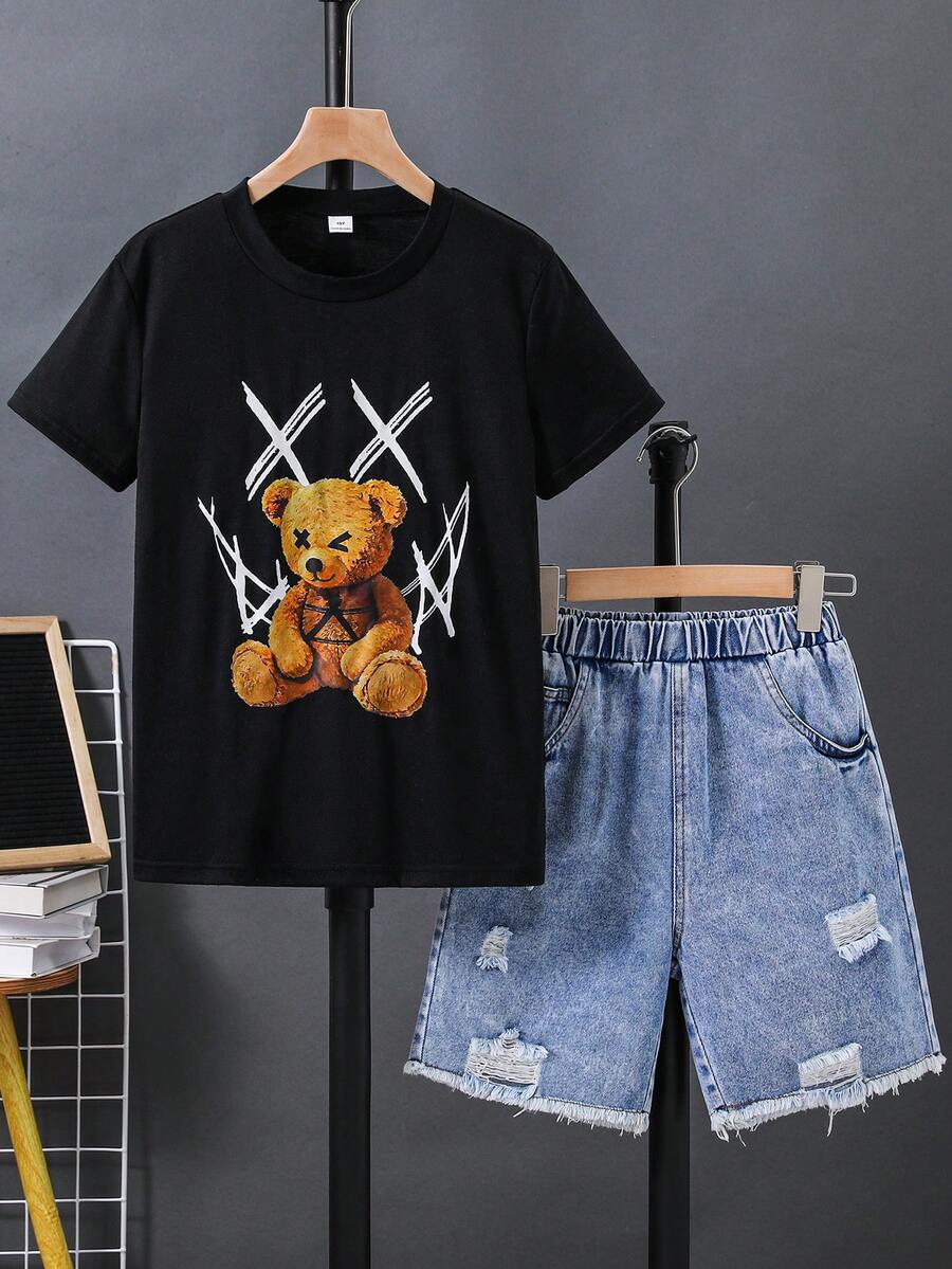 SHEIN 2件組兒童青少年男孩休閒百搭舒適圓領寬鬆短袖針織T恤與牛仔短褲套裝,適合返校穿著,男童校服,返校服裝 - 黑色 - 查看 1