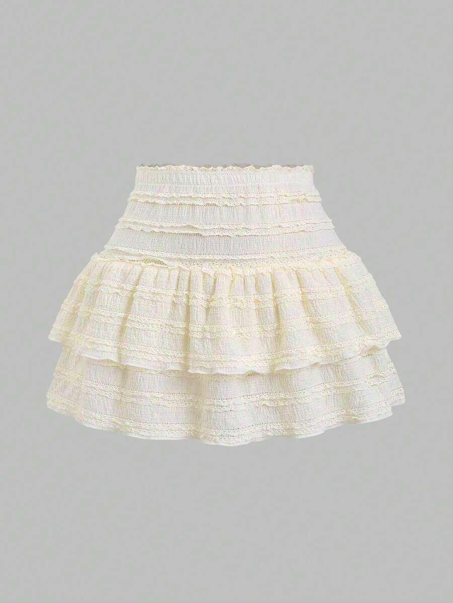 Sweetra Falda con dobladillo de doble capa, estampado de números y ribete de volantes de unicolor, casual y de resort estilo Y2K - Albaricoque - Ver 1