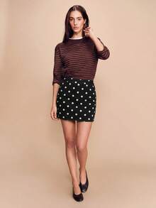 lacRébo Polka Dot Print Beige Woven Mini Skirt, Spring/Summer Vintage French Parisian Style - Black - View 5