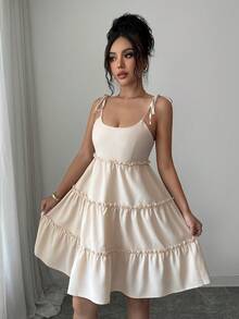 SHEIN Clasi Swiss Dot Frill Trim Cami Dress Wedding Brunch Vacation Beach Outfits Women White Summer Romantic Elegant - Apricot - View 6