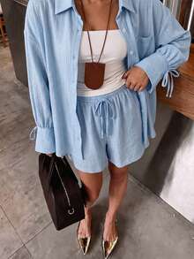 TaskSense Korean Style Soft Light Blue Sequin Pleated Long Sleeve Blouse Wide Leg Shorts Casual Tropical 2-Piece Set Vacation Beach Fall - Blue - View 3