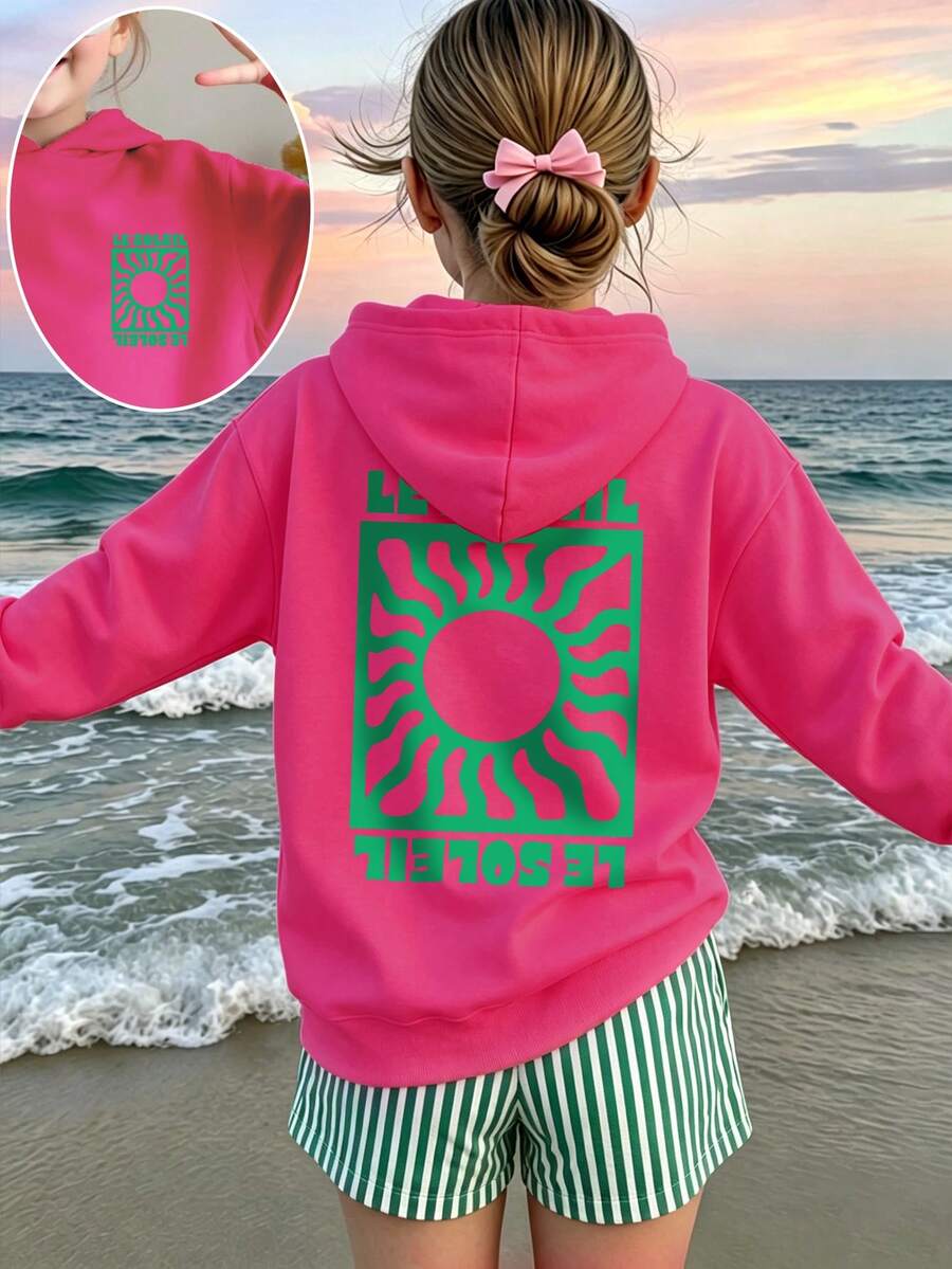 SHEIN 女童清新復古紅綠拼色漩渦太陽藝術海報字母印花運動衫 - 玫瑰紅 - 查看 1