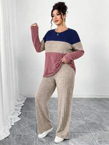 Elenzga Plus Size Brushed Ribbed Colorblock 3-Color Patchwork Crew Neck Long Sleeve Fitted T-Shirt + Brushed Ribbed Loose Long Pants 2-Piece Set, Elegant For Home, Outings, Dates, Gatherings And Parties - Multicolor - View 3