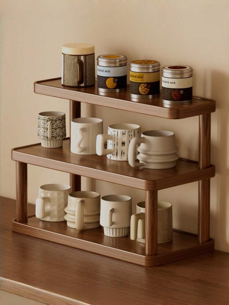 1 Piece Of Retro Three-Layer Desktop Storage Rack, Made Of Solid Wood Material, Multifunctional Countertop Storage Rack, Suitable For Office Supplies Storage, Book Storage, Tea And Water Cup Storage, Large Capacity Kitchen Seasoning Rack - Multicolor - View 2