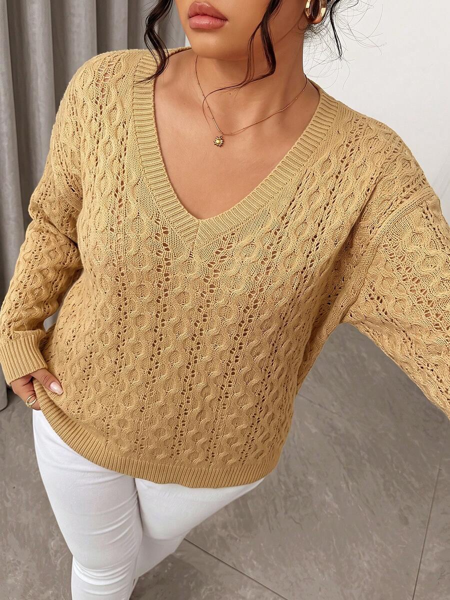 Elenzga Plus Size Women's Spring/Autumn Semi-Sheer Hollow Out Round Neck Loose Drop Shoulder Casual Knit Top, Heart Pattern Pullover Sweater For Everyday Wear - Khaki - View 1