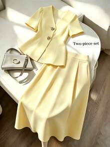 SHEIN Women's Elegant Metal Button Decor Short Sleeve Top And Casual Skirt 2-Piece Set - Yellow - View 3