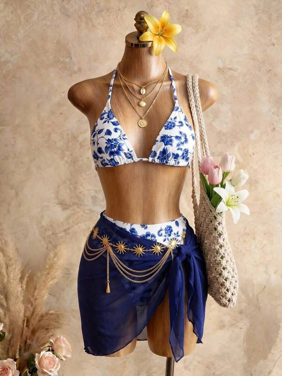 Mistrie 夏季海灘花卉印花掛脖三角比基尼套裝附海灘裙度假風 - 藏蓝色 - 查看 1