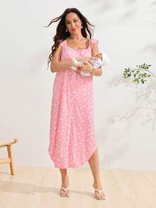 SHEIN 孕婦小碎花前後鈕扣孕婦洋裝 - 粉色 - 查看 5