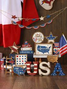 25-Piece Independence Day Tiered Tray Decor Set | Wooden Patriotic Ornaments | Vintage American Flag | Red White & Blue Stars | Farmhouse Style Decor | Ideal For Memorial Day, 250th Anniversary Celebrations And Family Birthday Parties - Wooden Freestanding Sun Ornament - View 6