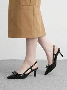 CUCCOO BIZCHIC Retro Glossy Bow High Heels, Pointed Slingback Strap Dating Women's Shoes - Black - View 3