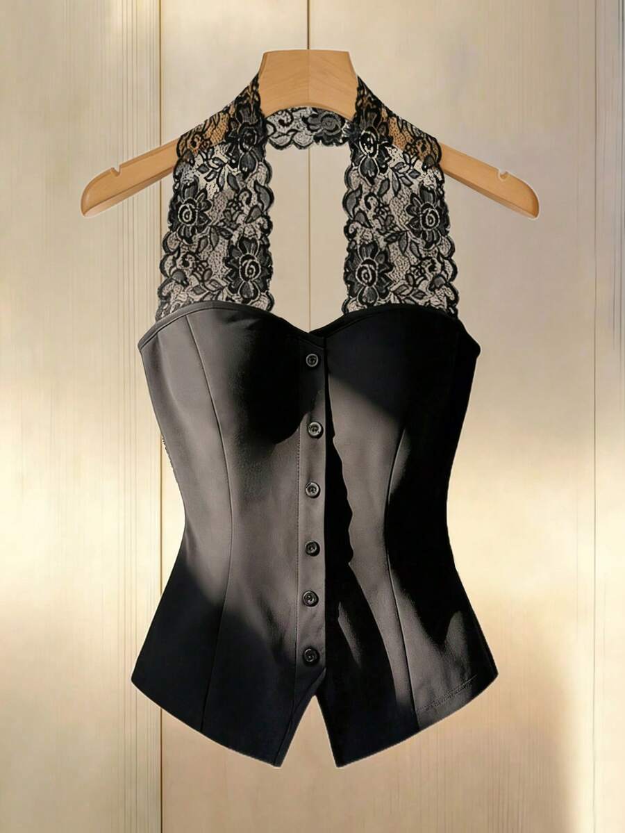 Elenzga Plus Size Women's Elegant Black Lace Patchwork Black Vest Design Date Inner Layer Pure Desire Lace Halter Neck Waist-Cinched Slimming Short Blouse Shirt For Commute And Office - Black - View 1