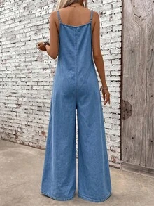 Breezaya 女款牛仔吊帶長褲背心褲，細肩帶附口袋，純色休閒風，適合度假 - 藍色 - 查看 4