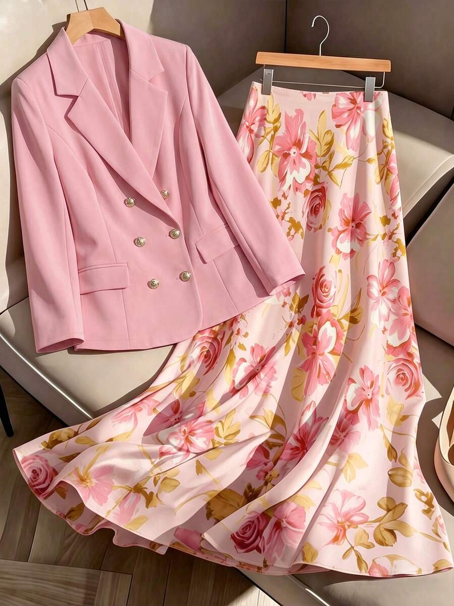 GlowEve CURVE Versatile Premium Button Decor Top, Printed Skirt Plus Size 2 Pieces Set - Multicolor - View 1