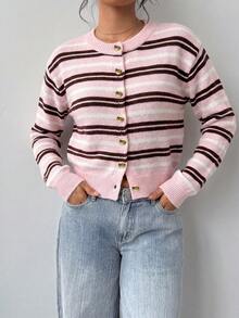 SHEIN BASICS 女款休閒條紋開襟衫，秋冬款 - 彩色 - 查看 5